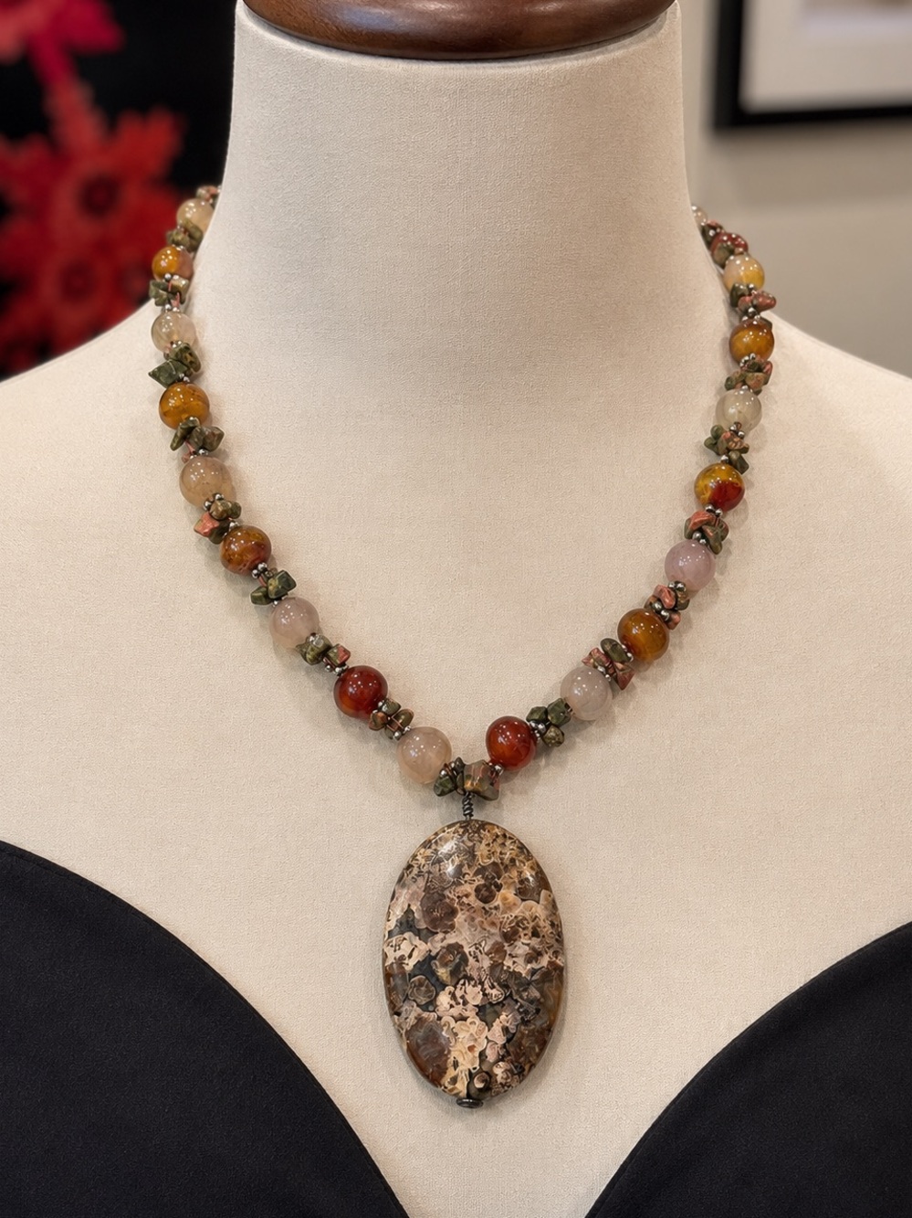 Handmade Leopard Skin Jasper Pendant Necklace Gemstone Artisan Boho Statement